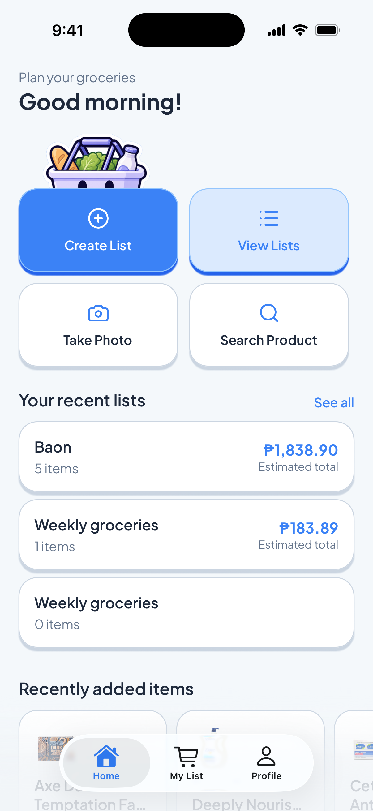 Listo home screen with recent lists and estimated totals