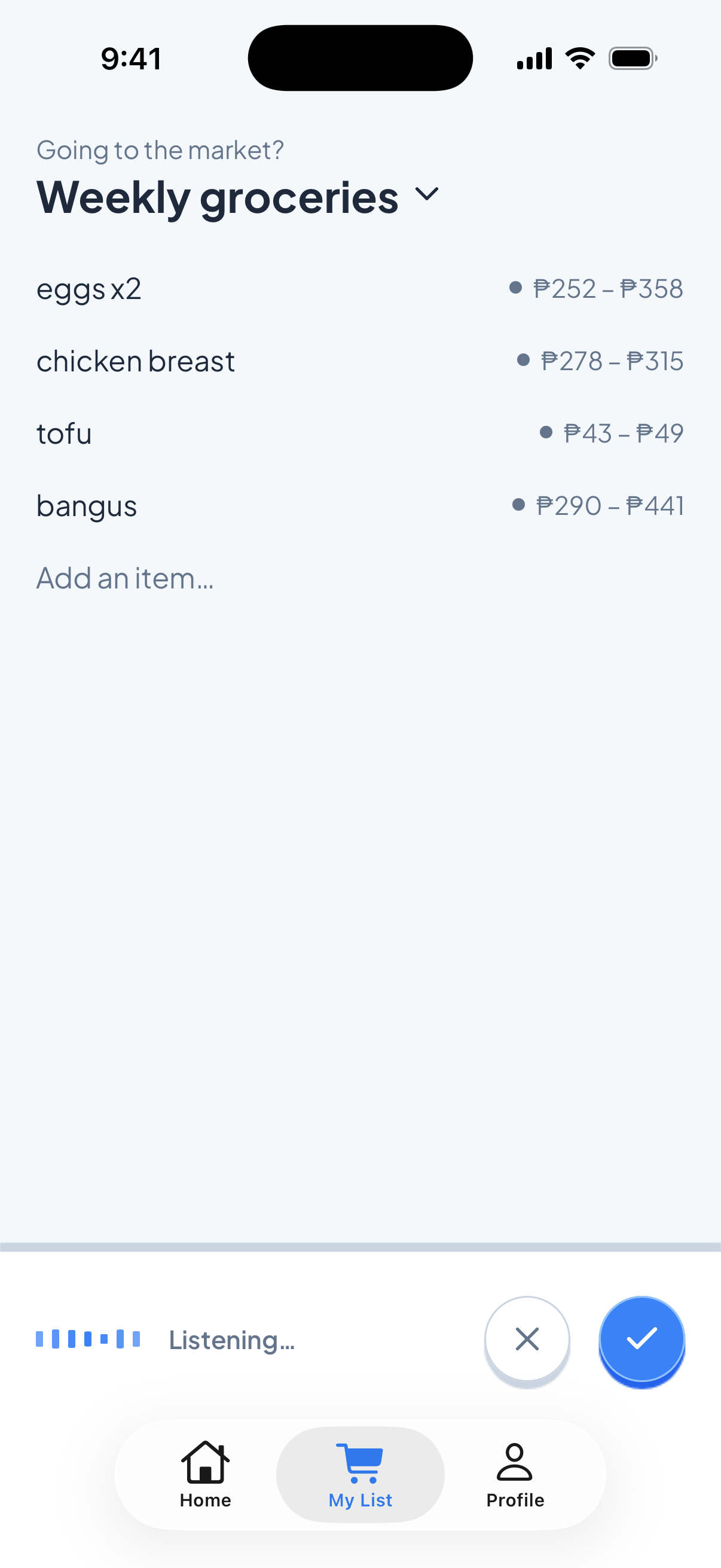 Listo voice dictation with a live listening waveform